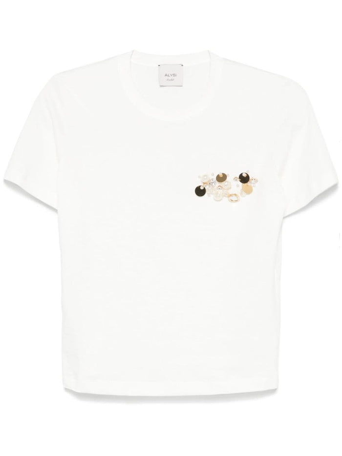 Alysi T-shirt Bianco Donna Perle Applicate 5