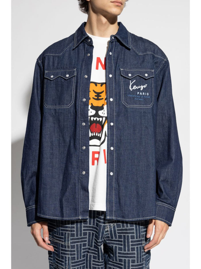 Kenzo Camicia Blu Uomo Denim Tasca Logo 2