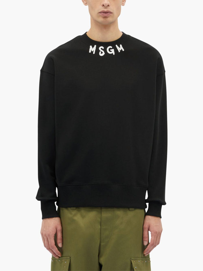 Msgm Felpa Nero Uomo Girocollo Stampa Logo 1