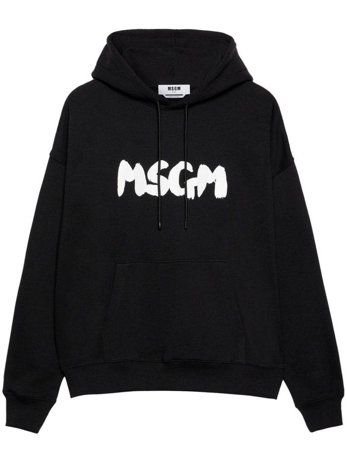 Msgm Felpa Nero Uomo Cappuccio Logo Pennellata 5