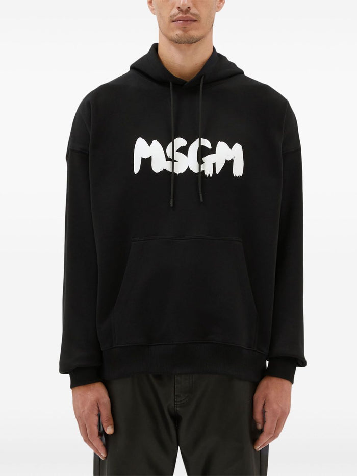 Msgm Felpa Nero Uomo Cappuccio Logo Pennellata 2