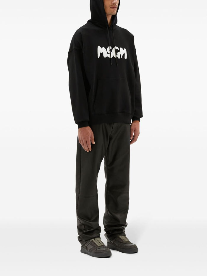 Msgm Felpa Nero Uomo Cappuccio Logo Pennellata 1