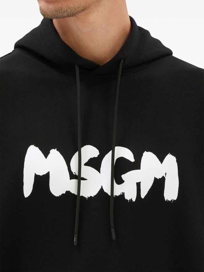 Msgm Felpa Nero Uomo Cappuccio Logo Pennellata 4