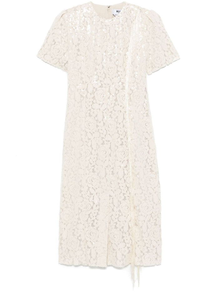 Msgm Beige Dress Women Lace and Sequins Fringe Detail 5