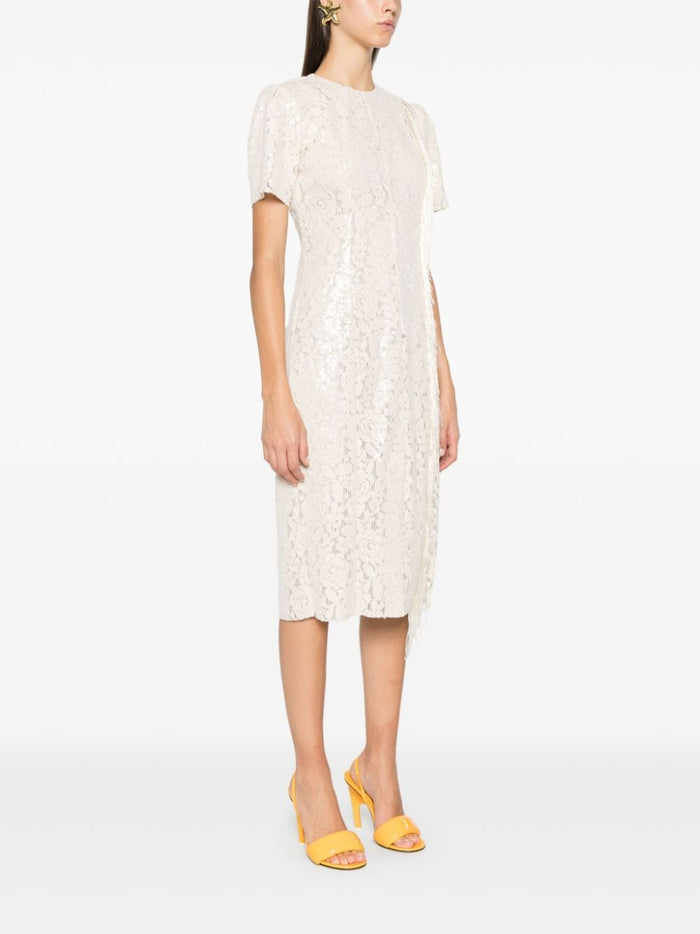 Msgm Beige Dress Women Lace and Sequins Fringe Detail 2