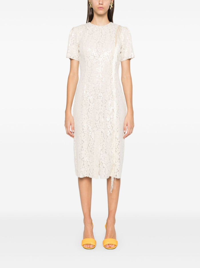 Msgm Beige Dress Women Lace and Sequins Fringe Detail 1