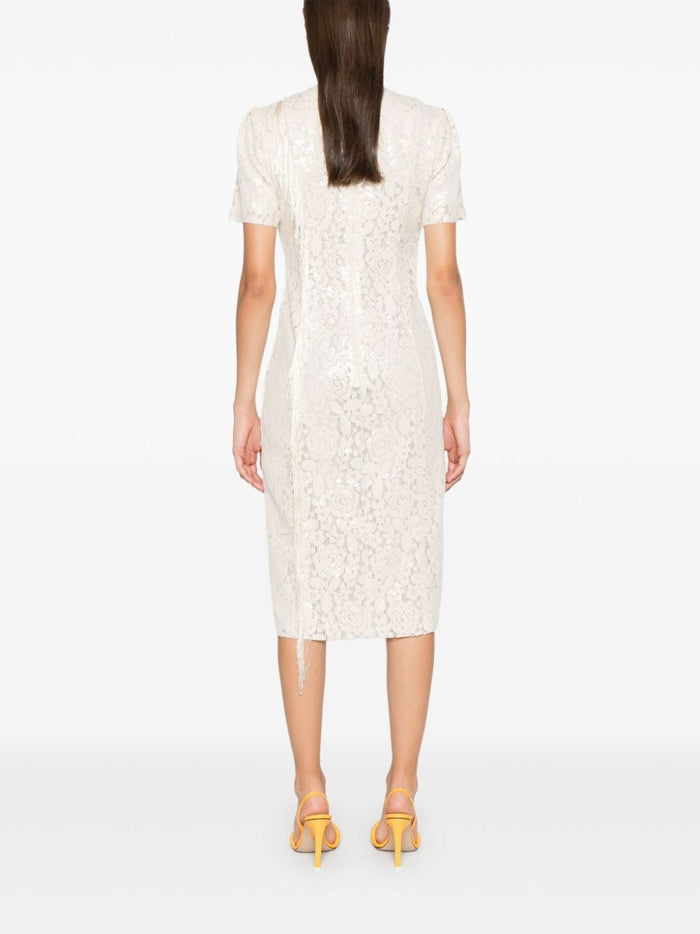 Msgm Beige Dress Women Lace and Sequins Fringe Detail 3