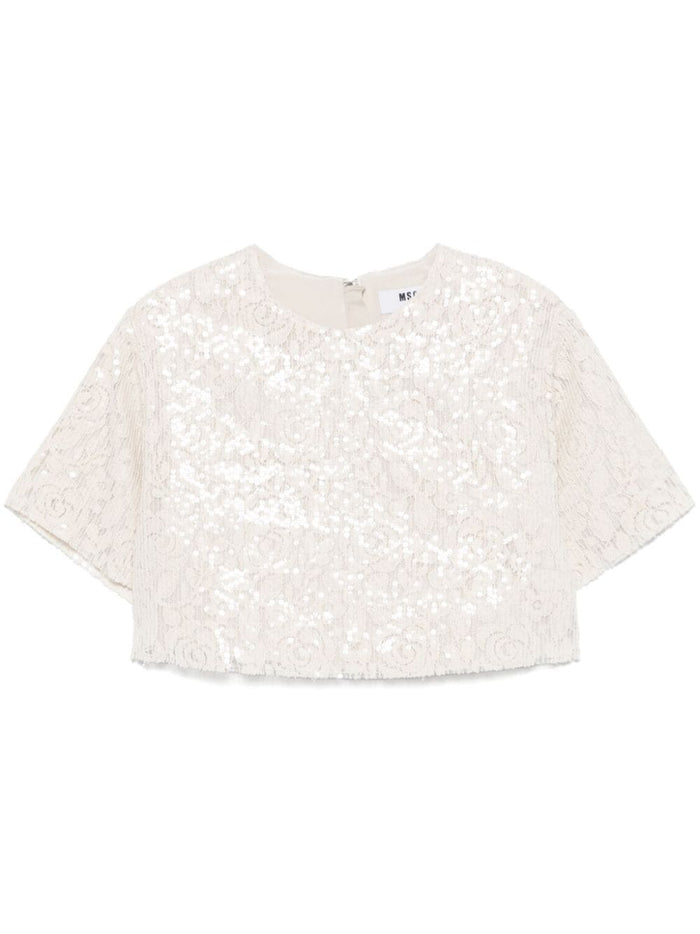 Msgm Blusa Beige Donna Crop Pizzo e Paillettes 5