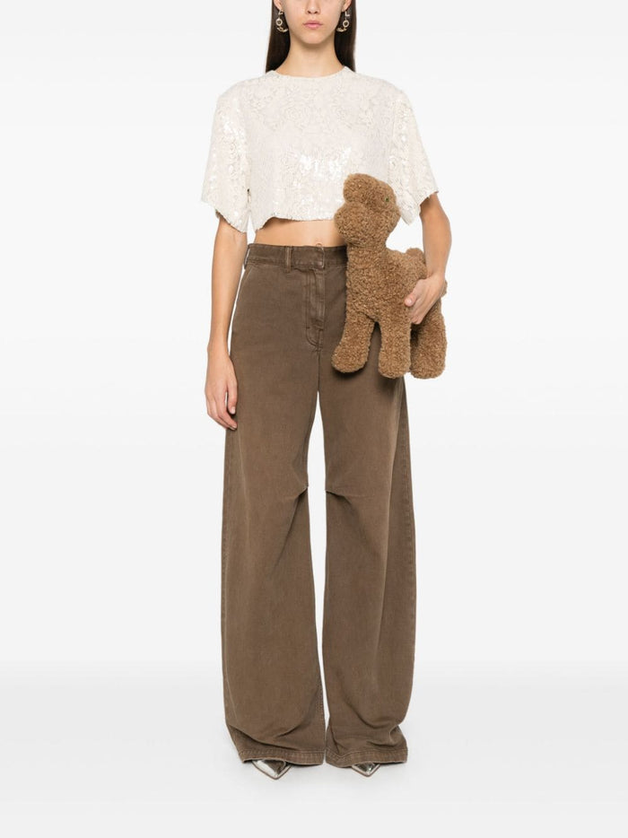 Msgm Blusa Beige Donna Crop Pizzo e Paillettes 1