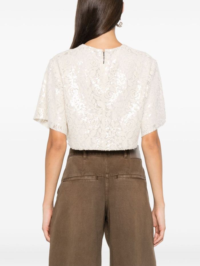 Msgm Blusa Beige Donna Crop Pizzo e Paillettes 3