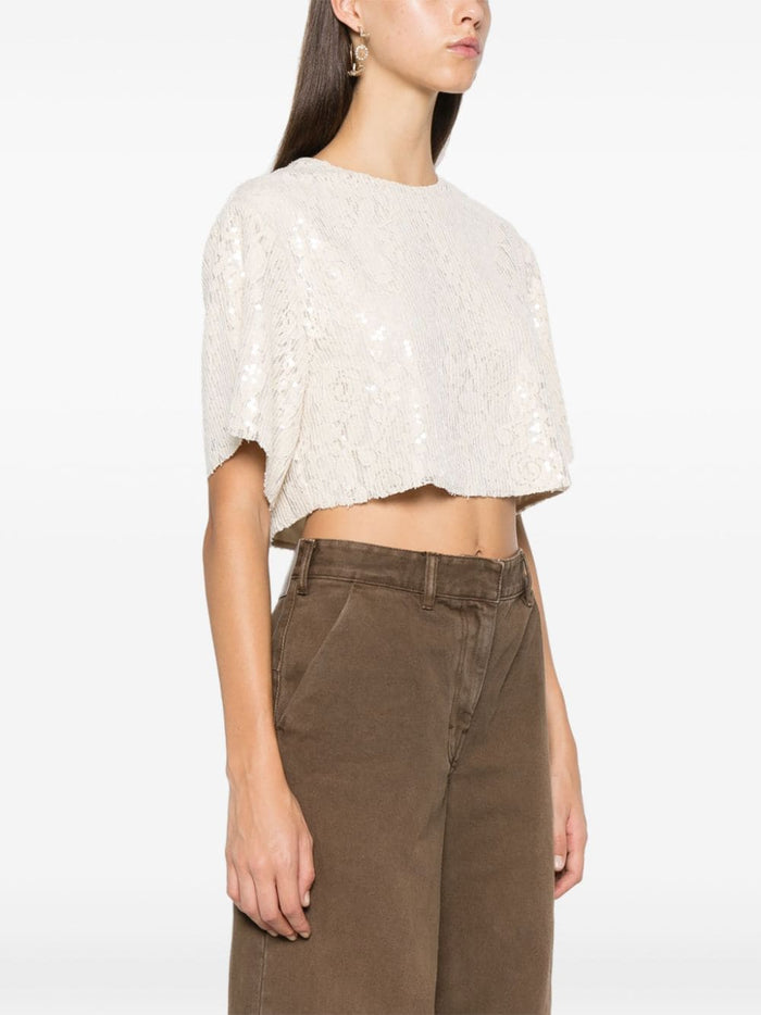 Msgm Blusa Beige Donna Crop Pizzo e Paillettes 2