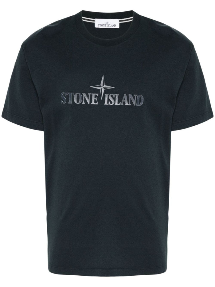 Stone Island T-shirt Blu Uomo Stampa Logo sul Petto 5