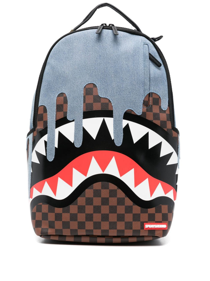 Sprayground Backpack Brown-Blue Unisex Checkered Panel Denim 1