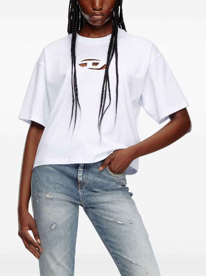 Diesel Women's White T-Shirt with Cut Out Logo and Wide Sleeves 1