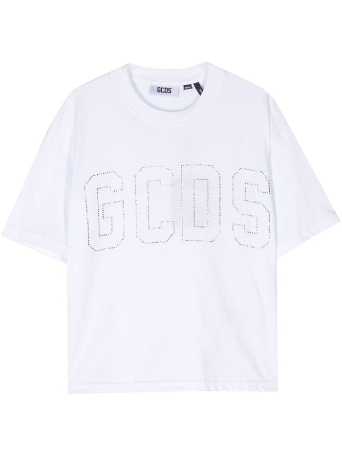 Gcds White T-shirt Women Rhinestone Logo 1