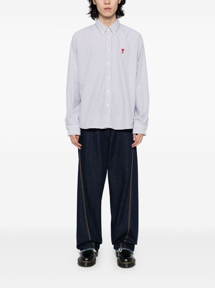 Ami Paris Camicia Uomo Righe Bianco-Nero Ricamo Cuore Rosso 2