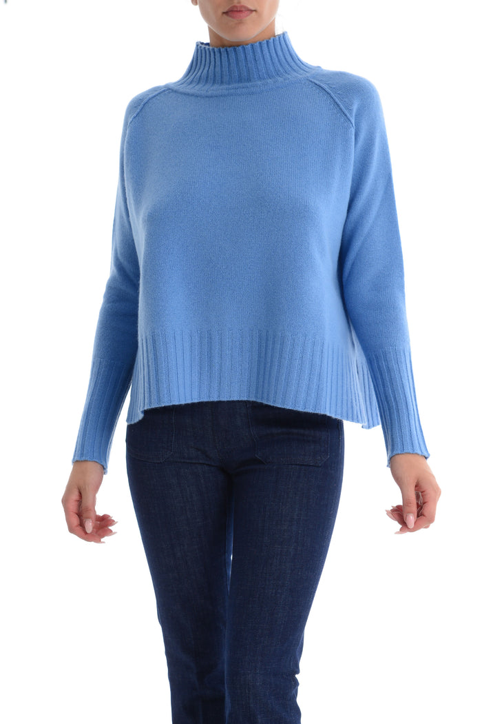 Maglia Blu a Collo a Cratere con Maniche Lunghe e Dettaglio Raglan 1