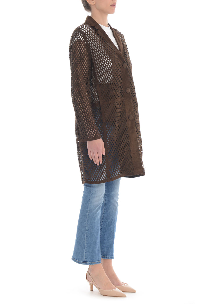 Sword Women's Brown Jacket Laser Perforated Long 3