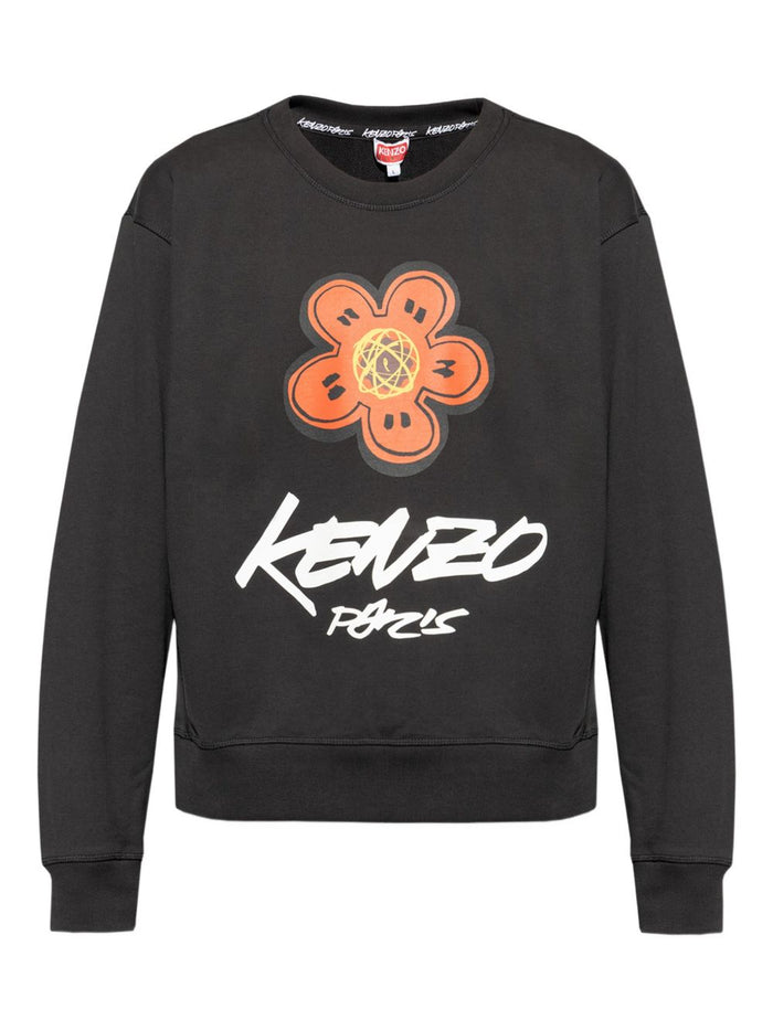 Kenzo Felpa Nero Uomo Stampa Logo e Fiore Boke 5