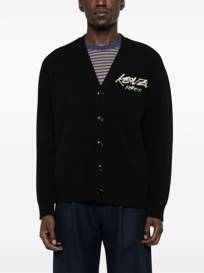 Kenzo Cardigan Nero Uomo Fiori Posteriori 1