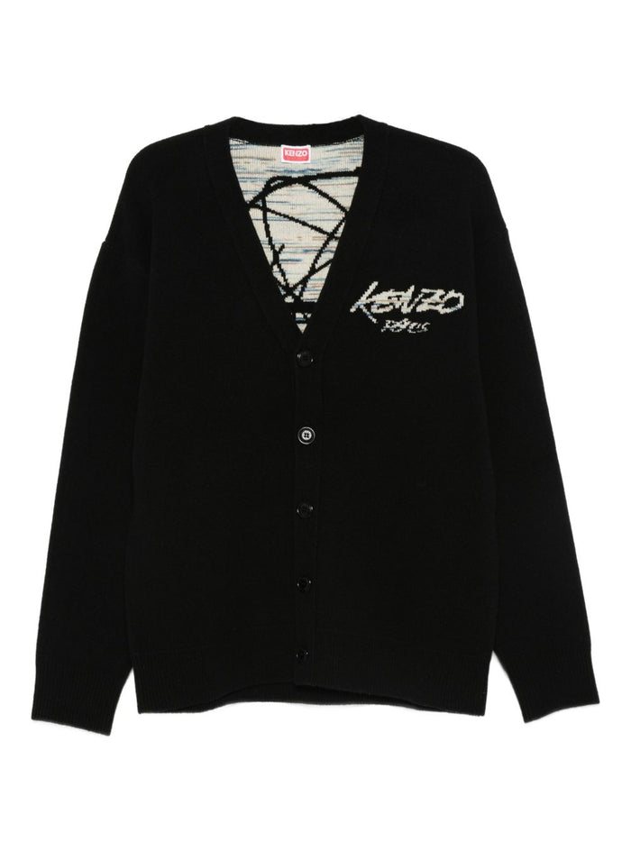 Kenzo Cardigan Nero Uomo Fiori Posteriori 5