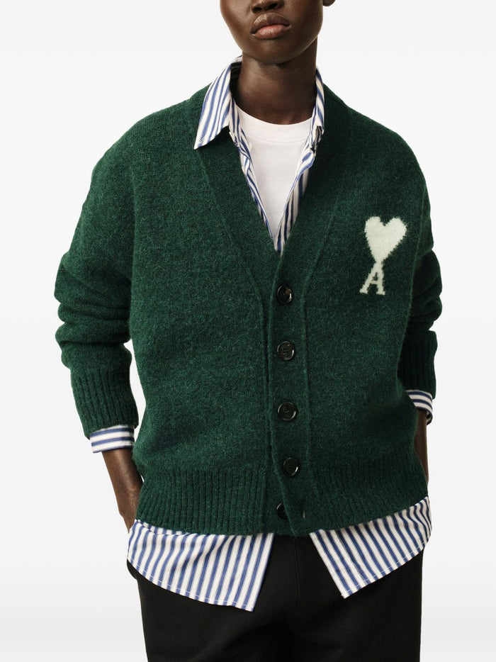 Ami Paris Cardigan Vert Bouteille Ecru Uomo 2