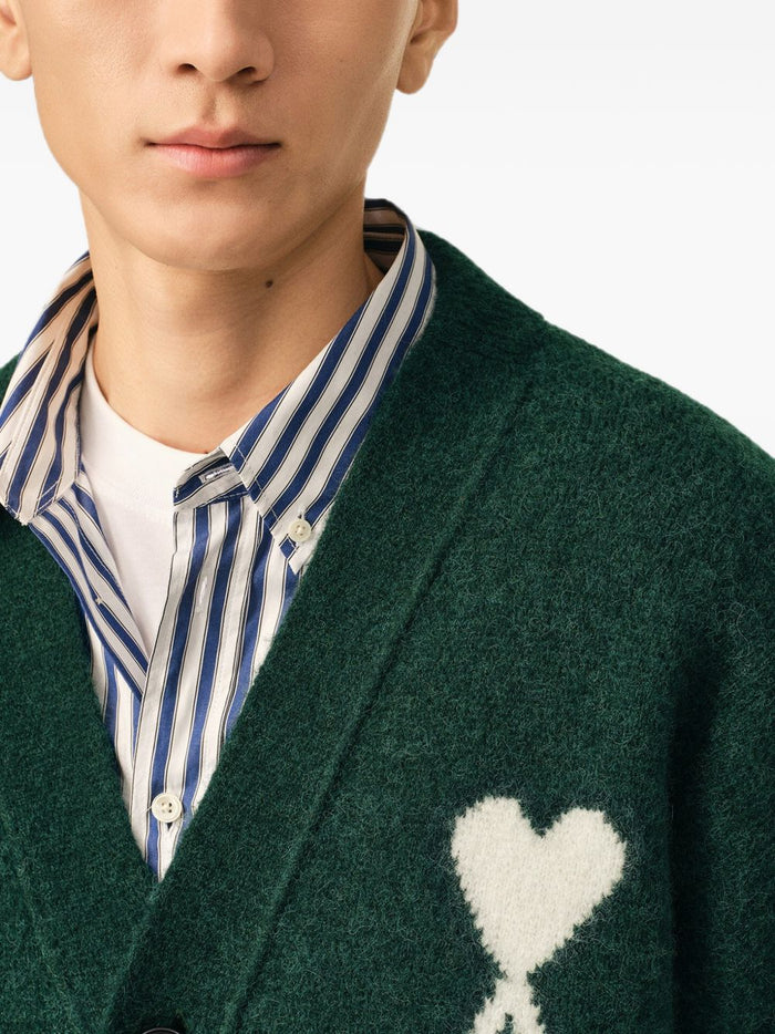 Ami Paris Cardigan Vert Bouteille Ecru Uomo 3