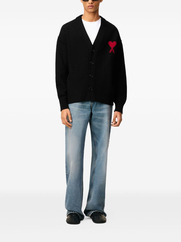 Ami Paris Men's Black Cardigan with Red Heart Logo Embroidery 1