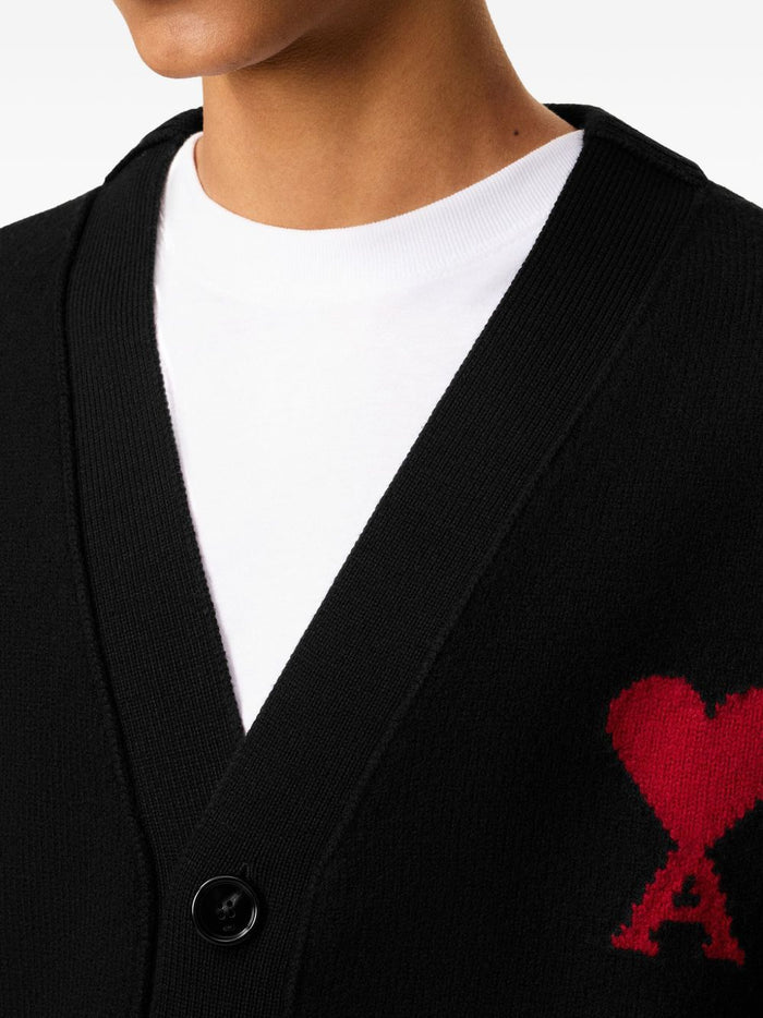 Ami Paris Men's Black Cardigan with Red Heart Logo Embroidery 3