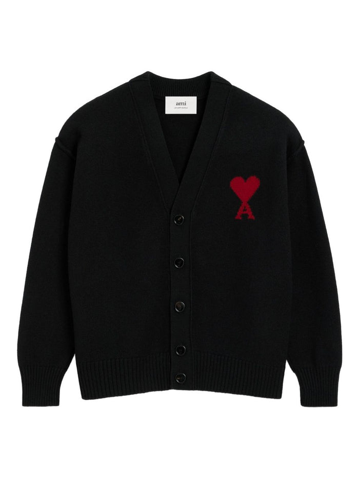 Ami Paris Men's Black Cardigan with Red Heart Logo Embroidery 5