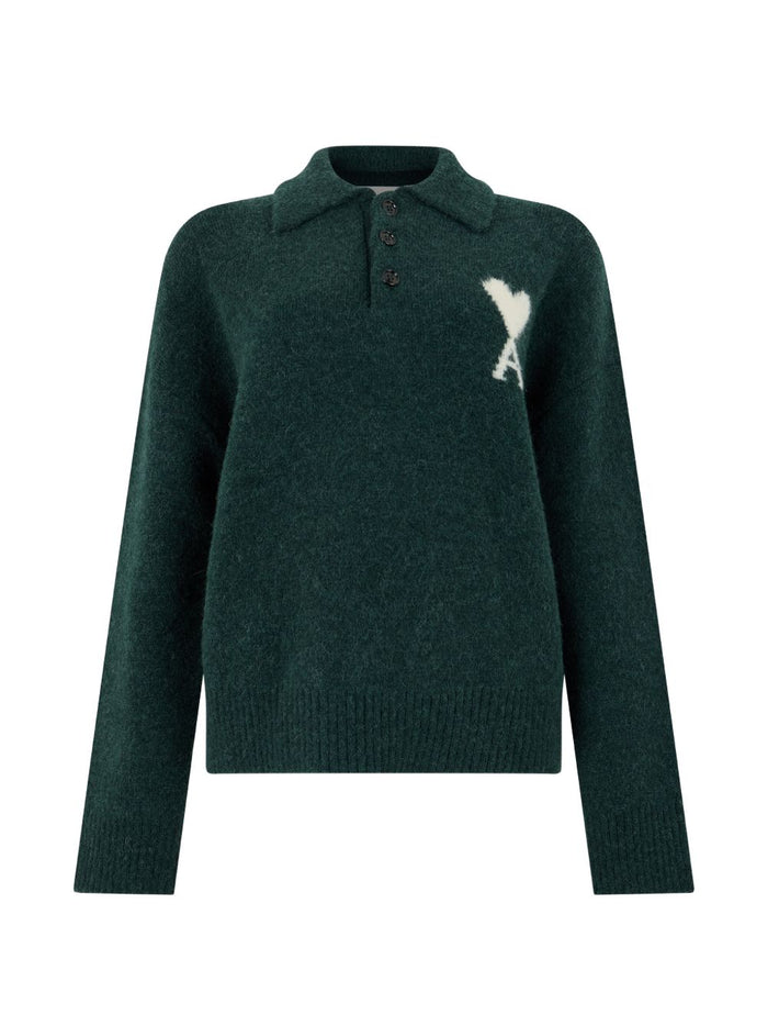 Ami Paris Polo Vert Bouteille Ecru Uomo 1